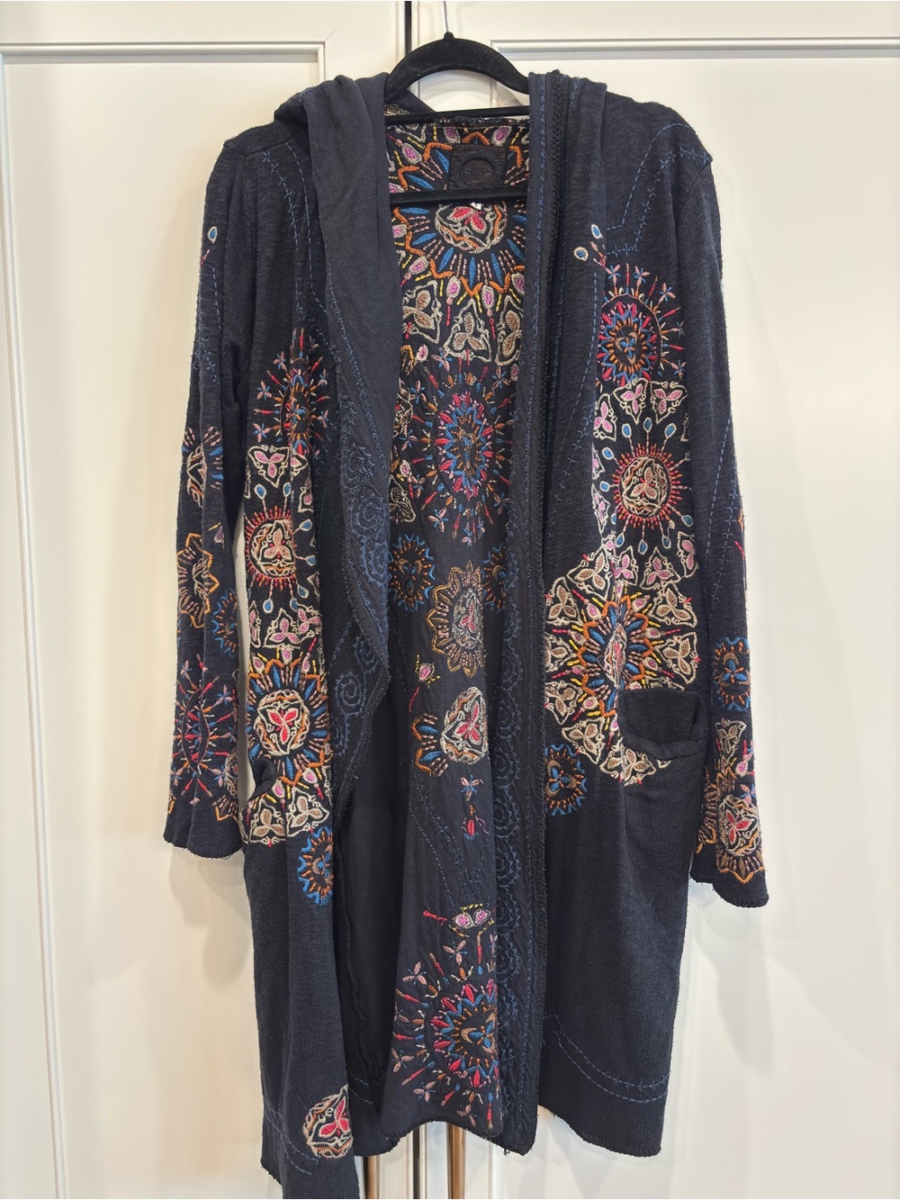 Embroidered Hooded Long Cardigan Robe - black